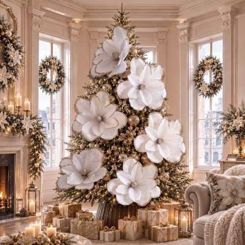 Thiccywoov 8 Pack Large 20'' Christmas Velvet Magnolia Flowers, White