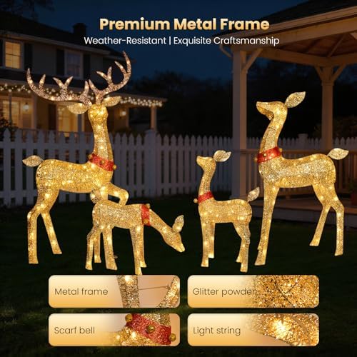 Christmas Deer Outdoor Decorations - 4 Piece 3D Lighted Deer Family Set with 245 LED Lights, Yard Christmas Decor with Stakes for Front Yard, Lawn, Garden, Porch, Holiday - Gold