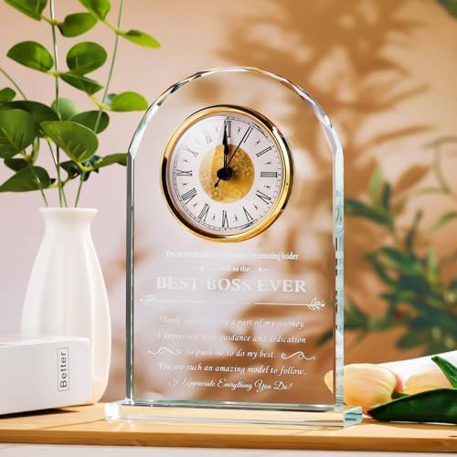 YWHL Best Boss Birthday Gifts for Women Men, Meaningful Boss Appreciation Gift for Female, Laser Engraving Glass Table Clock for Boss's Day Retirement Work Anniversary (Battery not Included)