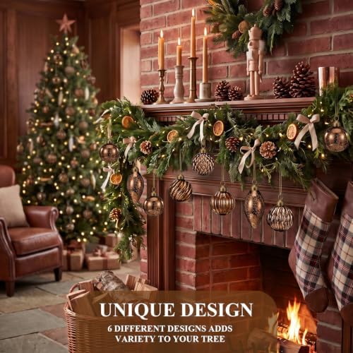 Syhood 18 Pcs Brown Christmas Mercury Glass Balls Ornaments, 6 Styles