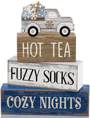 Lineshading 4 Pcs Snowflake Truck Tiered Tray Decor Wooden Block Signs