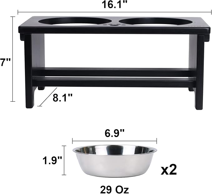 HTB Elevated Dog Bowl Stand with 2 Stainless Steel Bowls-7" H Medium Black | Raised Dog Bowl Stand, 7"tall, 29 Oz Bowls, for Medium Sized Dogs, Pet-safe, Solid Bamboo