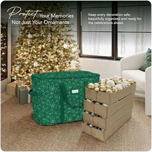 Covermates Keepsakes Adjustable Ornament Storage Bag – Heavy-Duty Polyester, Padded Dividers & FlexGrid Trays – Protective Holiday Ornament Organizer with Handles & Label Window, Green Snowflake