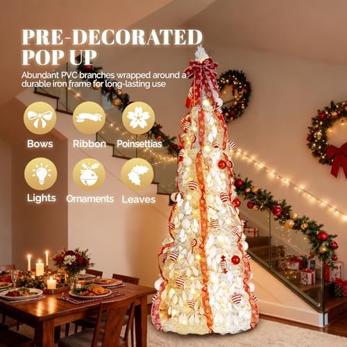 VINGLI 7ft Pop up Artificial Christmas Pine Tree with 170 Warm White Lights, Xmas Tree Holiday Party Decorations with Sturdy Metal Stand (Red&White)