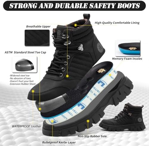 KELODON Waterproof Steel Toe Boots For Men-6 Inch Comfortable Mens Safety Work Boots Indestructible Steel Toe Shoes Lightweight Non Slip Puncture Resistant Industrial Construction Boot
