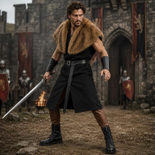 Adult Viking Costume for Men with Renaissance Tunic and Faux Fur Shawl