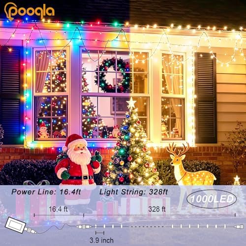 Pooqla 1000 LED Color Changing String Lights, 328 ft Warm White to Multicolor Christmas Lights Plug in with Remote, Connectable 11 Modes Waterproof Clear Wire Twinkle Fairy Lights Indoor Outdoor Decor