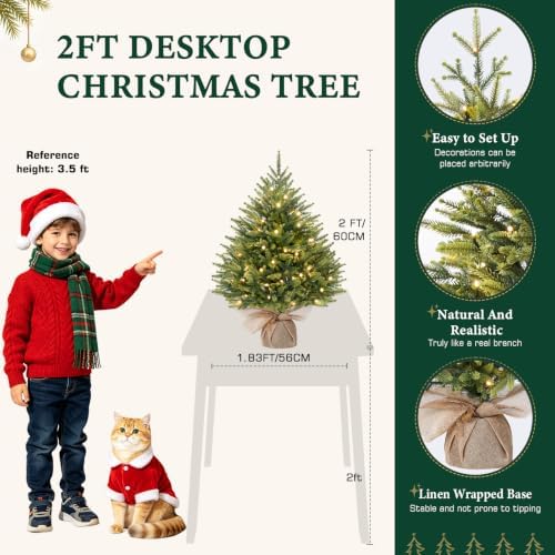 Alupssuc 2ft Prelit Artificial Mini Christmas Tree for Tabletop Desk Decor