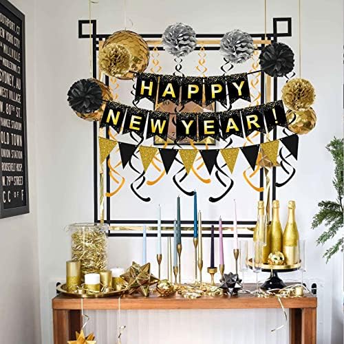 Fecedy Happy New Year Set Black Banner with Gold Black Paper Flag Bunting Swirl Streamers & Pom Poms for Happy New Year Party Decorations