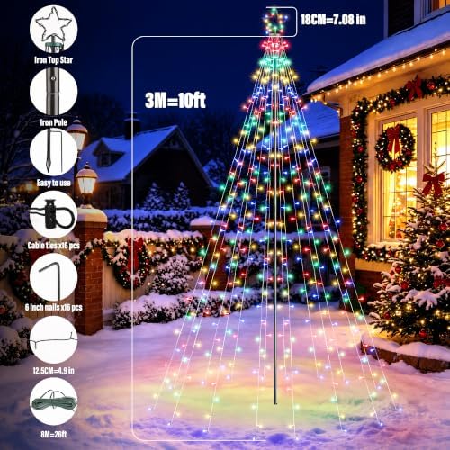 Outdoor Christmas Tree Lights with Pole, 10 FT, Warm White and Multicolor