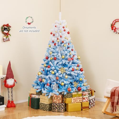 HAPPYGRILL 6 FT Flocked Christmas Tree Blue Hinged Xmas Tree with 820 Branch Tips & Folding Metal Stand, Artificial Christmas Tree for Home Office Carnival