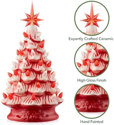 Casafield Hand Painted Ceramic Christmas Tree, Red and White Peppermint 12-Inch Pre-Lit Tree with 100 Multi Color Lights and 2 Star Toppers
