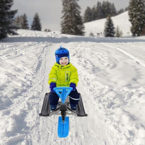 Snow Racer Sled, Snow Sledge, Downhill Steerable Sled, Winter Sport Ski Sled Slider Board with Steering Wheel, Anti-Slip Seat, Twin Brakes, Capacity of 220 LBS, for Skiing, Ice/Sand Skating (Blue)