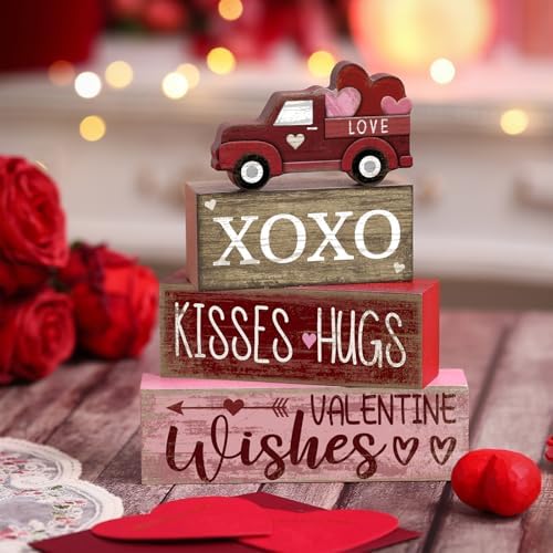 Lineshading 4 Pcs Valentine Signs, Farmhouse Truck Tiered Tray Decor