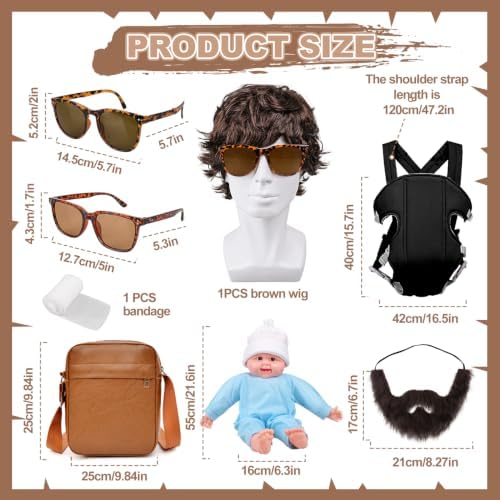 MOVINPE Hangover Costume Halloween Accessories Set, Doll Baby Carrier Brown Wig Fake Beard Moustache Crossbody Bag Sunglasses Bandage Film Character Role-Playing Cosplay Costume