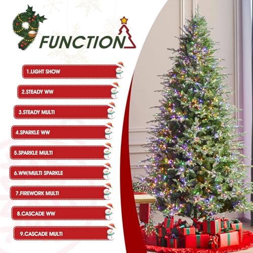 Glitzhome 9ft Prelit Artificial Christmas Tree, Green Full Christmas Tree Majestic Evergreen Fir with 2450 Warm White/Multi-Color Chasing and Twinkling Lights, 9 Function w/Foot Pedal&Remote Control