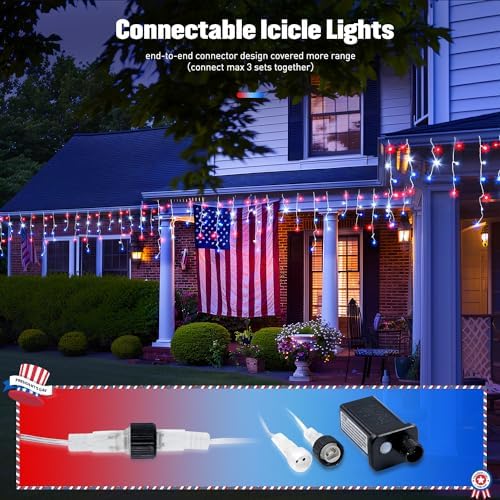 JMEXSUSS Icicle Lights for 4th of July Decor, 400 LED Red White and Blue