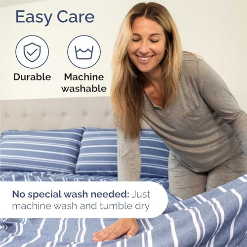 Split King Size 5 Piece Sheet Set - Breathable & Cooling - Blue Stripes