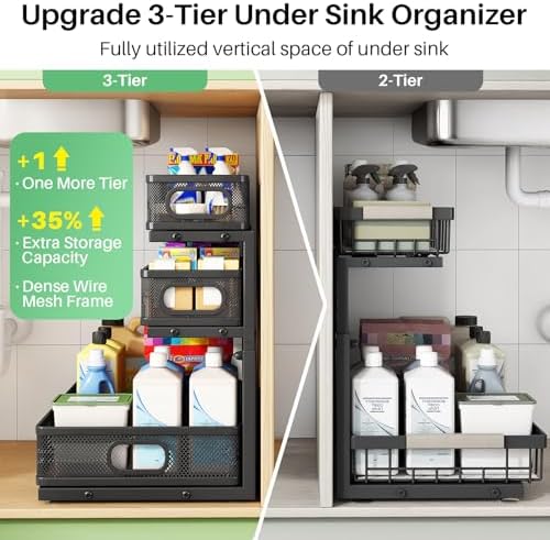 Kitstorack Under Sink Organizer, 2-Pack 3-Tier Height Adjustable Thickened Metal Pull out Cabinet Organizer Shelf, Slide out Storage Drawer Rack for Bathroom Kitchen Pantry Home Laundry Organization