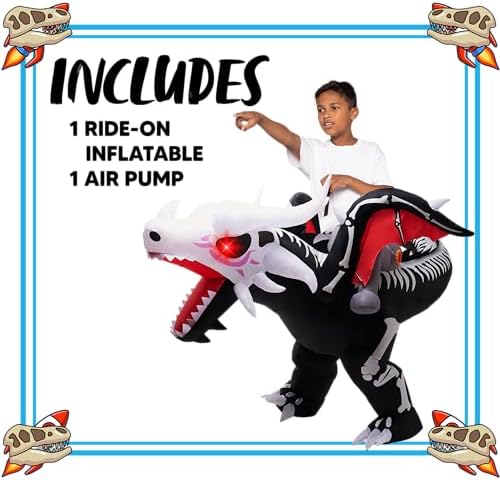 Spooktacular Creations Halloween Dragon Skeleton Inflatable Costume Kids, LED Light Eye Ride on Skeleton Dinosaur Blowup Suit