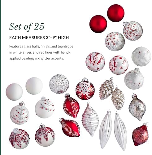 Balsam Hill Nordic Frost Ornaments - Vintage Glass Ball Christmas Ornaments with Beading & Glitter in White, Silver & Red for Holiday Decor