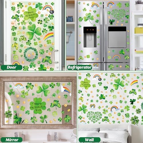 9 Sheets St Patrick's Day Window Clings, 217 PCS Green St Patricks Day Shamrock Window Stickers with Coins Rainbow, Double Sided Static Window Clings for Glass Windows St Patricks Day Decorations