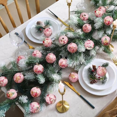 Outus 24 Pcs Christmas Tree Ornaments Ball Vintage Pink Christmas Decorations for Tree Vintage Style Santa Claus Snowman Hanging Ornaments Farmhouse Home Fireplace Decoration Holiday Party Favors