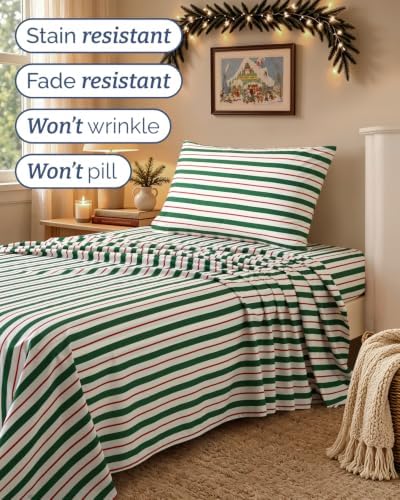 Christmas Sheet Set, Cabana Stripe, Holiday Xmas Bedding Set - Twin XL Size