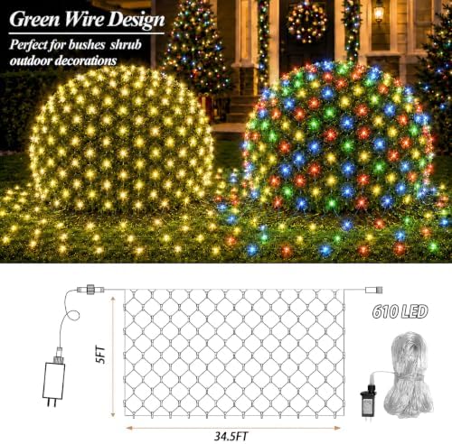 610 LED Net Lights Dual Color Changing, 34.5ft x 5ft Christmas Mesh Lights Clear Wire 11 Modes, Waterproof String Lights for Bushes Xmas Tree Garden Holiday Outdoor Party - Warm White & Multicolor