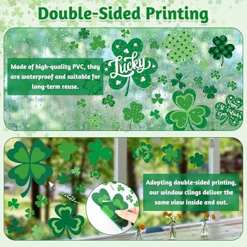 120 PCS St Patricks Day Decorations, 4 Sheets St Patricks Day Window Clings with Polka Dots Stripes Plaid Patterns, Double-Sided Green Party Decorations, Shamrock Window Clings for Home Decor