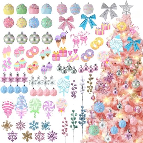 111 Pcs Pastel Christmas Tree Ornaments Candy 2026 New Year Pink Lollipops Snowflake Candy Cupcakes Donuts Ice Cream Foam Hanging Decorations Christmas Tree Birthday Party Wreath Arts Decor