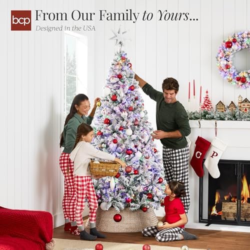 Best Choice Products Pre-Lit Artificial Christmas Tree 9ft Snow Flocked Pine Tree, 2-in-1 White and Multicolor LED Lights, Full Snowy Appearance