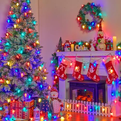 Brightown C9 LED Christmas String Lights, 2 Pack 66ft Multi-Color Outdoor Lights String with 100 Smooth Opaque Bulbs, Plug-in Vintage Roofline Lights String for Outside Patio Christmas Holiday Decor