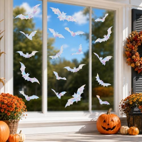 Halloween Bat Rainbow Window Clings, 26 Bats Suncatcher Sticker Decorations