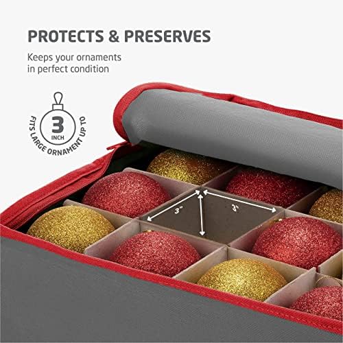 ZOBER Christmas Ornament Storage Box - Stores 64 3" Ornaments, With Dividers - Ornament Organizer Storage Box, Durable Christmas Containers Holder, Dual Zipper - Gray
