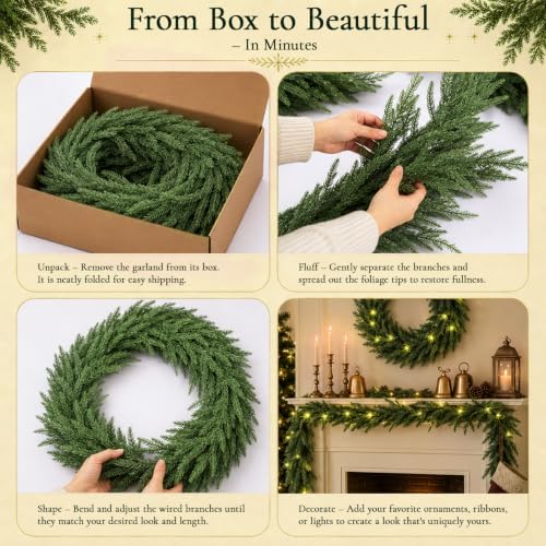 9FT Artificial Norfolk Pine Garland, Real Touch Greenery Garland for Mantel Fireplace Staircase Table Door Wall Window Indoor Outdoor Christmas Decorations