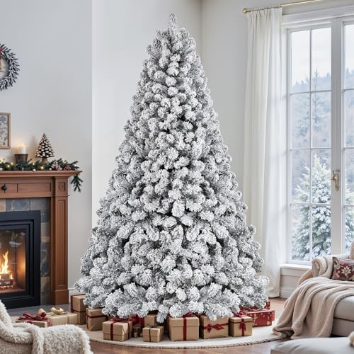 SHareconn 7.5ft Snow Flocked Spruce Pre-lit Artificial Christmas Tree,White