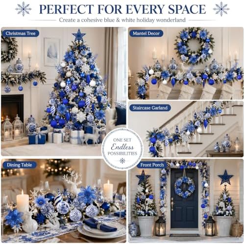 CroBlissful 118 Pcs Royal Blue Christmas Tree Decoration Set Including Ball Deer Ornament, Mesh Ribbon, Snowflake Icicle, Trees Top Star, Flower, Berries Stem Chinoiserie Christmas Decor for Xmas Tree