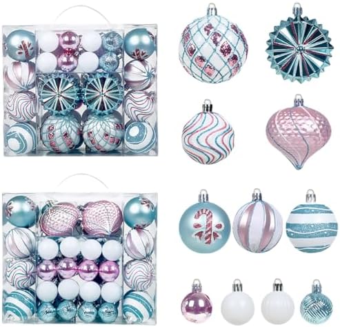 48 Pcs Christmas Balls Ornaments for Christmas Tree, Painted Shatterproof Plastic Decorative Baubles Hanging Ornaments for Xmas Tree Wreath Holiday Party Wedding Decoration, Blue White Pink