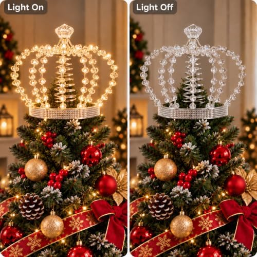 Christmas Tree Topper Star 60 LED Jeweled Crown with Remote USB Xmas Decor