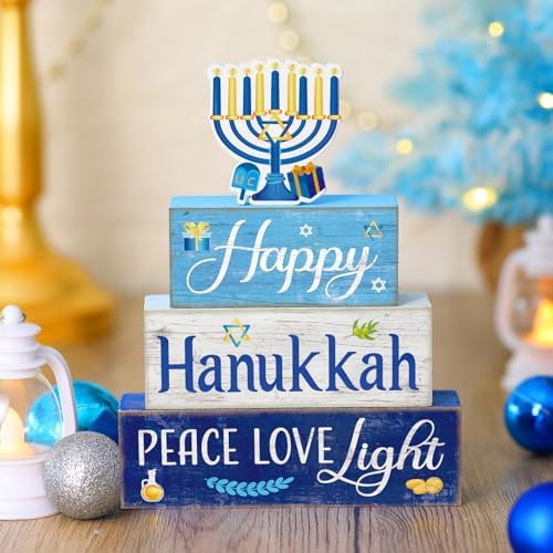 Moucuny 4 Pcs Hanukkah Table Decorations for Home, Wood Menorah Peace Sign
