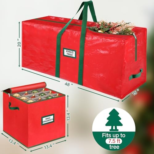 StorageRight Christmas Tree Bag & Ornament Storage Box Set, Water-Resistant 7.5 Ft Tree Storage & 64-Compartment Organizer with Dividers, Tag Pockets & Handles, Heavy-Duty Xmas Decor Containers, Red