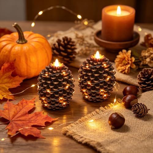 Wondise Pine Cone Flameless Candles with 6H Timer String Lights