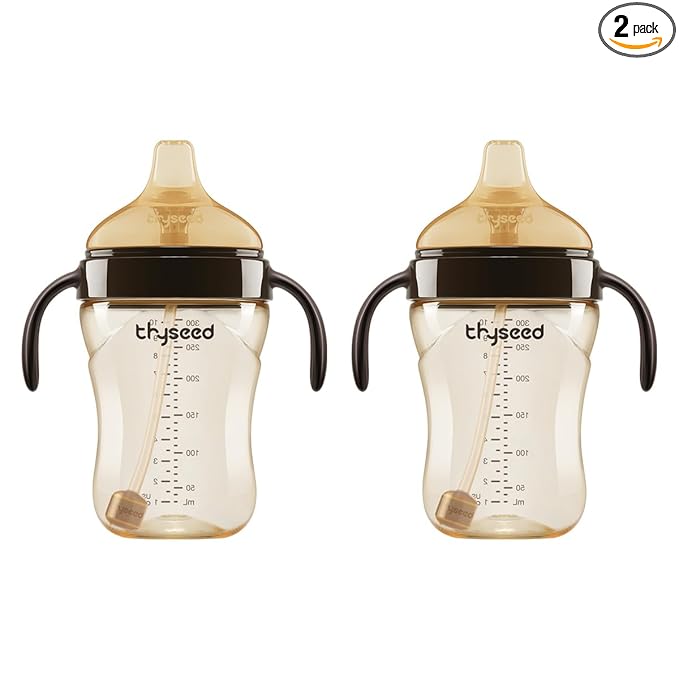 Thyseed Spill-Proof Weighted Straw Sippy Cup, Baby Transition Trainer, Soft Silicone Spout, BPA-Free, 6m+, 10 oz, 2 Pack