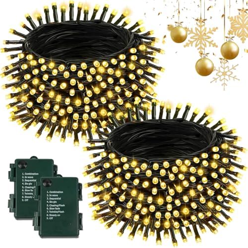 2 Pack 200 LED Battery Operated Christmas Lights, 8 Modes String Lights