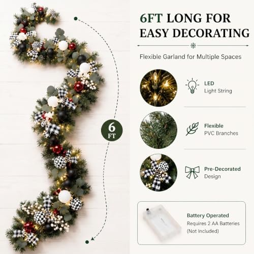 Riceshoot 6 ft Plaid Black White Christmas Garland with LED Bow Ball
