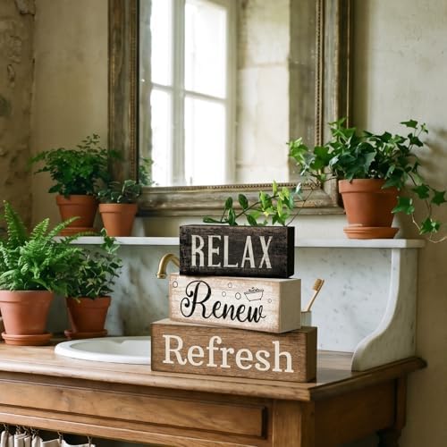 Lineshading 4 Pcs Farmhouse Bathroom Shelf Decor, Relax Renew Refresh Signs
