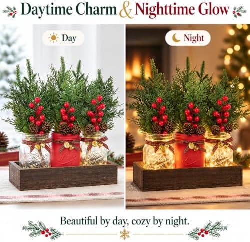 Mason Jar Christmas Table Decor, Winter Xmas Centerpieces for Tables