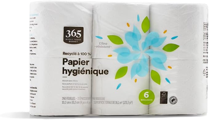365 by Whole Foods Market,100% Recycled Bath Tissue,Ultra-Strong,260 Sheets per Roll,6 Count (Pack of 8)