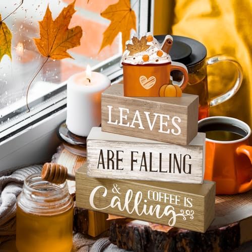 Lineshading 4 Pcs Fall Coffee Table Decor Wooden Pumpkin Latte Block Signs